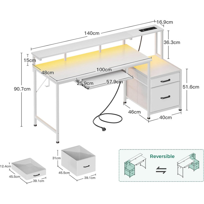 Ігровий стіл Coleshome з LED підсвічуванням, білий, 140x48 см. Стіл для комп'ютера з тканиними ящиками, 2 розетками та 2 USB-портами, з підставкою для монітора. Підходить для дому та офісу.