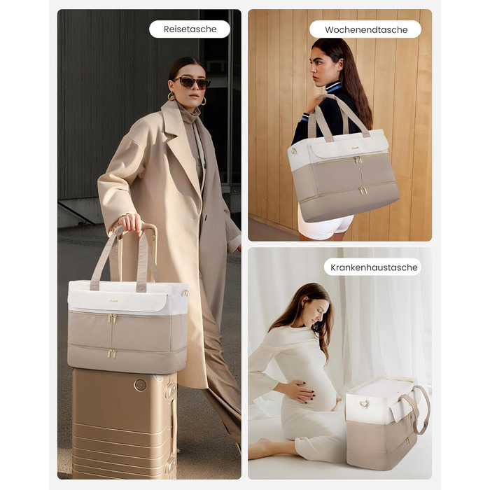 Сумка-валіза LOVEVOOK для жінок, 45L, валіза-рюкзак, сумка для подорожей, клінічна/пологова сумка, спортивна сумка з відділенням для взуття та мокрих речей, для авіаперельотів, тренажерного залу (зелений+бежевий, 45L з відділенням для взуття)