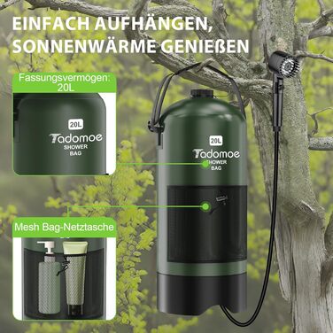 Сонячний душ для кемпінгу на 20 літрів з насосом та сумкою, зелений