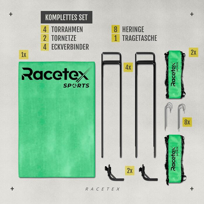 Набір дитячих футбольних воріт Racetex 2шт. з сумкою для транспортування - посилені штанги з скловолокна, для саду або парку (неоновий зелений)