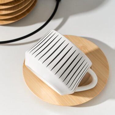 Набір керамічних кавових чашок з блюдцями LUKA, 6 шт., 118 мл, порицелан, для еспресо, лате, кави, мокко, чаю, смугастий дизайн, білий та чорний колір