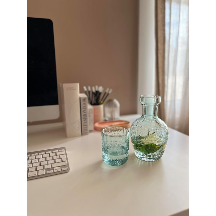 Curator Home Vintage Nightstand Water Carafe and Glass Set - 750 ml Capacity - Elegant Glass Jug for Water, Juice, or Wine - Stylish Home Decor for Kitchen or Dining Room (Light Blue)