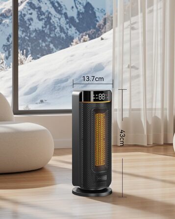Обігрівач MYCARBON 43 см для ванної кімнати: тихий 32 дБ, 1900 Вт, ECO режим, таймер 12 год, осциляція, енергозберігаючий, PTC кераміка, пульт дистанційного керування, термостат, чорний
