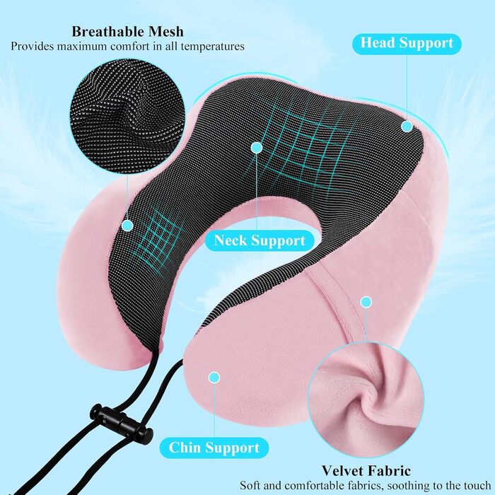 Подушка для шиї у вигляді їжачка Memory Foam для подорожей на літаку/автомобілі. З навушниками, маскою для очей та сумкою. М'яка, дихаюча. Рожева.