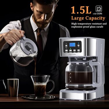 Кавомашина Taylor Swoden Darcy 950W з таймером, 1.5L, 12 чашок, автоматичне відключення, стоп-капля, багаторазовий фільтр, BPA-free (сіра)