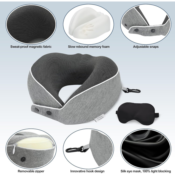 Подушка для шиї Comfy - для подорожей (літак, авто, поїзд) з регулюванням, Memory Foam, 3D-маска, сірий