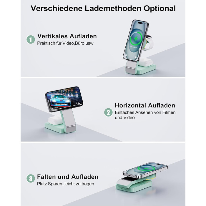 3-в-1 Станція Бездротової Зарядки з Індукцією для iPhone, Apple Watch та AirPods (Білий/Зелений)