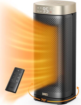 Dreo Heater - Energy-Saving, Quiet, 2000W Ceramic Heater with Thermostat, 12-Hour Timer, 3 Modes, 70° Oscillation, 16 Inch Electric Heater for Rooms, Overheat and Tip-Over Protection, Solaris Slim H2, Gold
