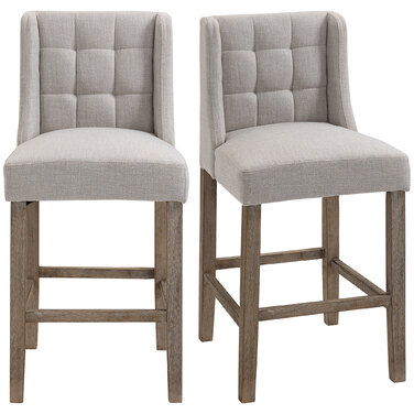 HOMCOM 2-Piece Bar Stool Set with Backrest, Upholstered Button-Tufted Bar Stools, Solid Wood, Includes Footrest, 47 cm x 50 cm x 101 cm, Grey + Natural