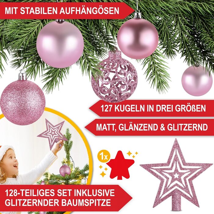 Набір прикрас на ялинку 128 шт. – ялинкова вершина зірки, 127 кульок, пластик, для дому та вулиці, з упаковкою, 5 карток (рожевий)