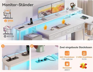 Комп'ютерний стіл Coleshome з 7 висувними ящиками та великим об'ємом зберігання, кутовий стіл з RGB LED підсвічуванням, L-подібний стіл з 2 розетками, ідеальний для офісу та геймінгу (білий, 199.5×145.5 см)