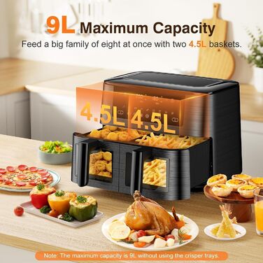 Дво-зонна аерофритюрниця з оглядовим вікном, 9 л XL, подвійний Airfryer, 2 кошики, 9-в-1, сенсорний екран, розумний таймер, для здорового приготування без олії