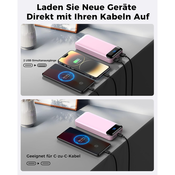 Enerwow Power Bank 27000mAh: Швидка зарядка 30W PD, Digital Display, USB-C, Рожевий | Powerbank для iPhone 15/14/13/12 Pro Max та інші пристрої