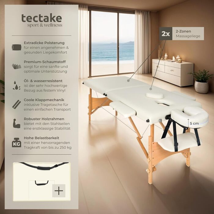 Масажне ліжко Tectake® складна з 2 зонами, портативне з 5 см підкладкою, регульоване по висоті, мобільне, з дерев'яними ніжками та аксесуарами (сумка для перенесення) - бежеве без масажних роликів