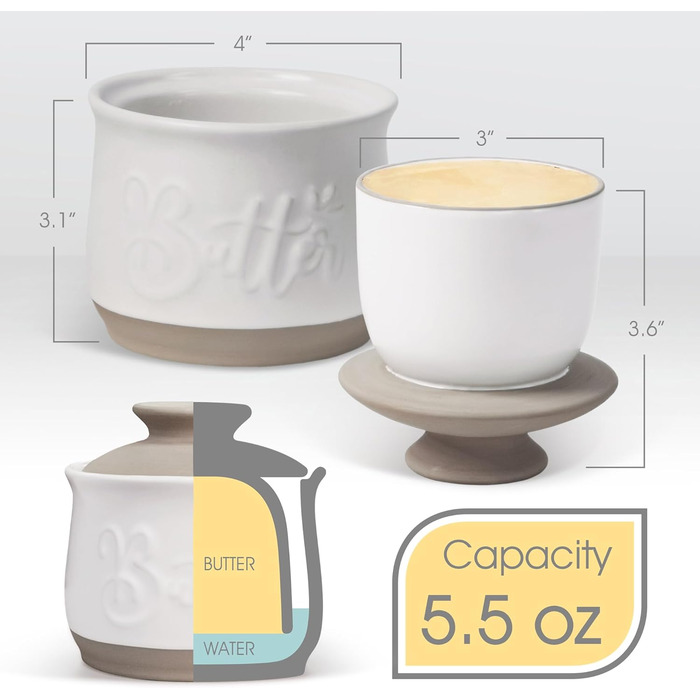 MAIA Ceramic 5.5 oz Butter Crock for Counter with Water Butter Spreader Holder for Spreadable Butter, French Butter Dish with Lid, Butter Keeper for Kitchen Counter, White Kitchen Décor