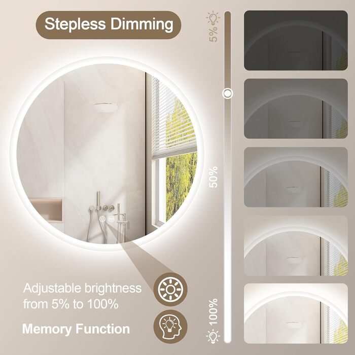 Дзеркало для ванної кімнати STARLEAD 60см з LED-підсвічуванням, регульована яскравість, 3 колірні температури, протитуманна функція, пам'ять налаштувань, HD скло, IP44, вологостійке, сріблястий колір (без Bluetooth)