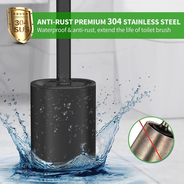 HOMEASY Silicone Toilet Brush Black - Stainless Steel Toilet Brush with Stainless Steel Holder, Flexible Silicone WC Brush Set, Toilet Brush with Holder, Wall Mount (No Drilling) & Stand for Bathroom