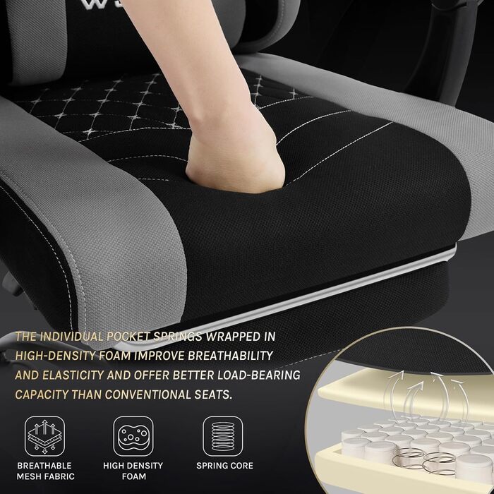 WOLTU Gaming Chair with Massage Function, Computer Chair with Pocket Spring Cushion, Ergonomic Gamer Recliner, Swivel Chair with Headrest, Lumbar Pillow, Footrest, Mesh Fabric, Black+Grey, GS15szg Black+grey Mesh Fabric