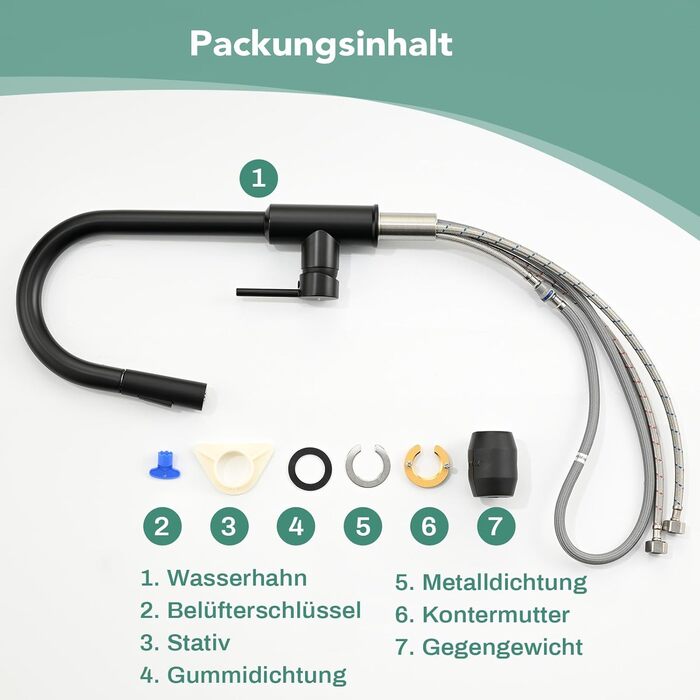 Змішувач кухонний з висувною лійкою та душем, 360° поворот, 2 режими, нержавіюча сталь, чорний