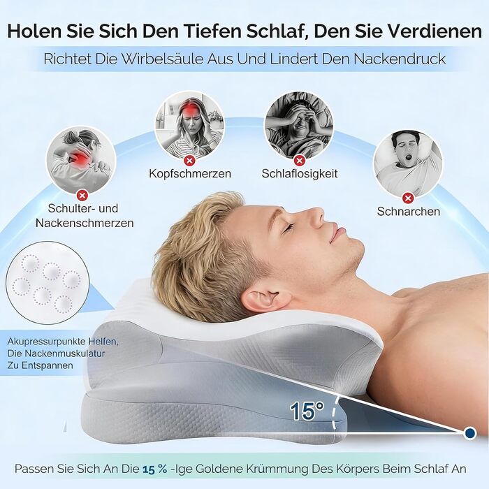 Подушка ортопедична з піни Memory Foam для підтримки шиї, сіра. Ефективна проти болю, ергономічна, для сну на боці, спині та животі.