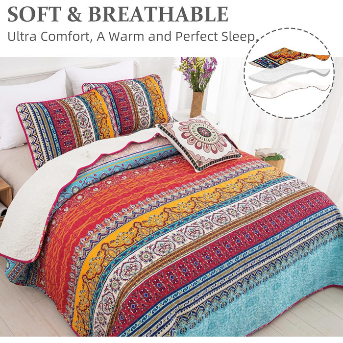 WONGS BEDDING Quilt Set 220x240 Bedspread Bohemian Throw Blanket Stepped Quilt 3-Piece Double Bed Quilted Bedspread Microfiber Living Room Blanket with 2 Pillowcases 50x70 for Bedroom as Sofa Throw (Bohemian)
