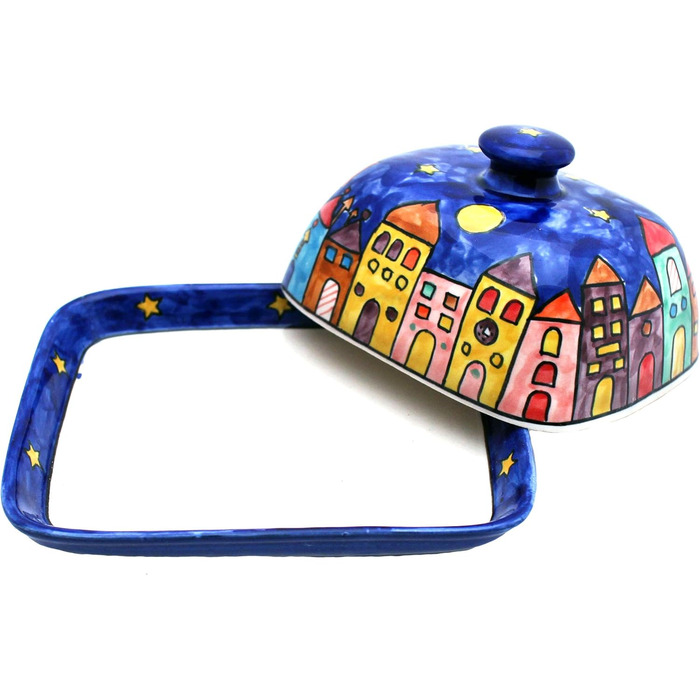 Butter dish with lid, designed by Gall&Zick, handcrafted from ceramic, for a standard 250g block of butter, colorfully hand-painted, dishwasher-safe (New Village)