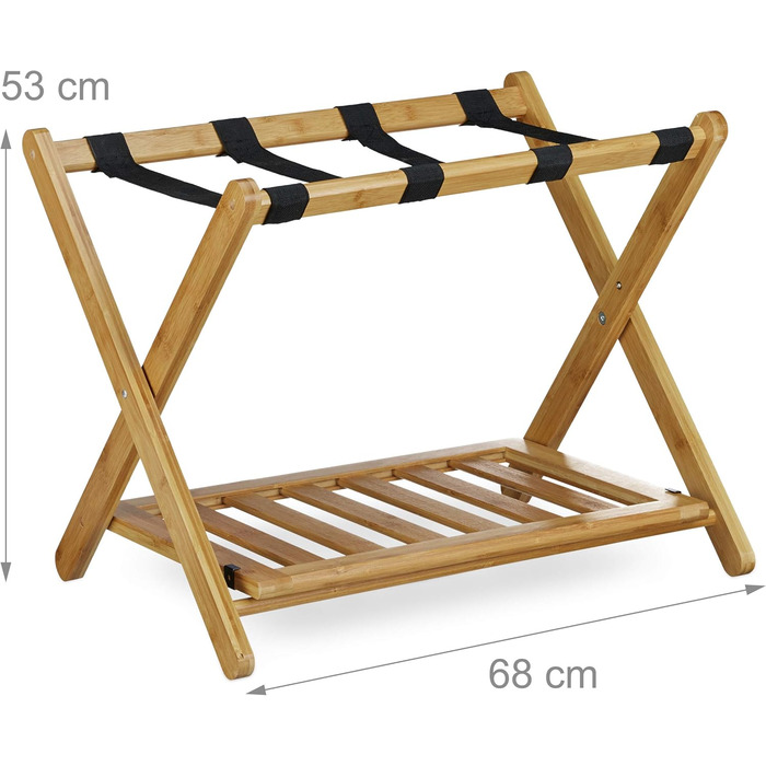 Relaxdays Bamboo Suitcase Stand, Folding, for Suitcases & Travel Bags, 2 Shelves, Luggage Rack, HBT 53 x 68 x 47 cm, Natural, 1 Piece