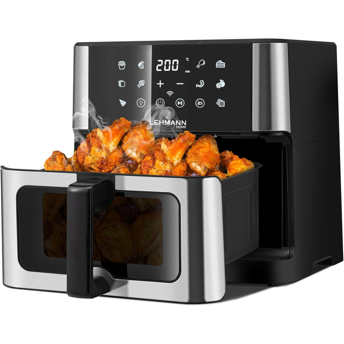 Фритюрниця повітряна LEHMANN з 2 камерами, 2400 Вт, AirFryer XXL з 12 програмами, до 200°C, WiFi, 10л, з вікном, для смаження, випікання, сушіння, грилю
