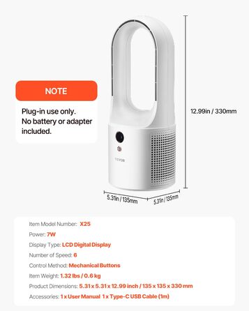 Безлопатевий вентилятор VEVOR 330 мм, портативний USB-вентилятор, 6 режимів, тихий, з LCD-дисплеєм, для дому, офісу, дитячої кімнати