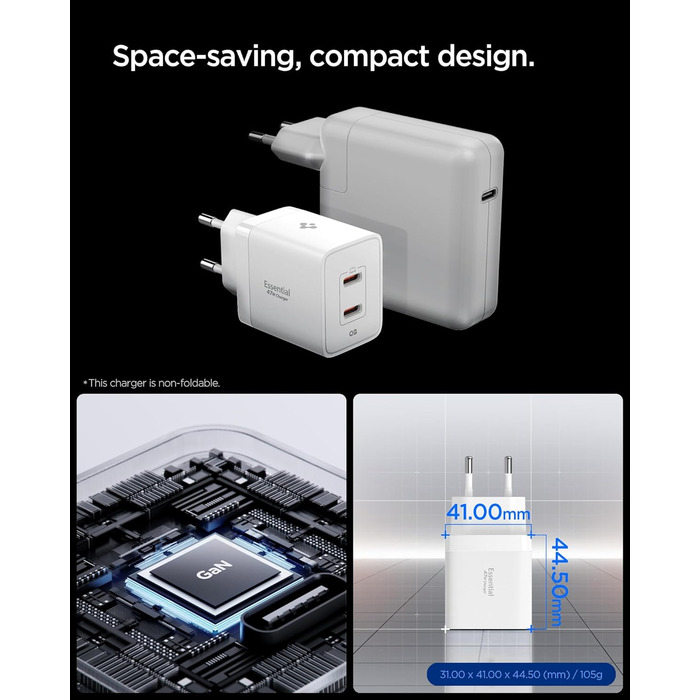 Зарядний пристрій Spigen ArcStation Essential GaN 47W USB-C з PPS, PD 3.0 – для iPhone, Pixel, Samsung, MacBook (Білий)