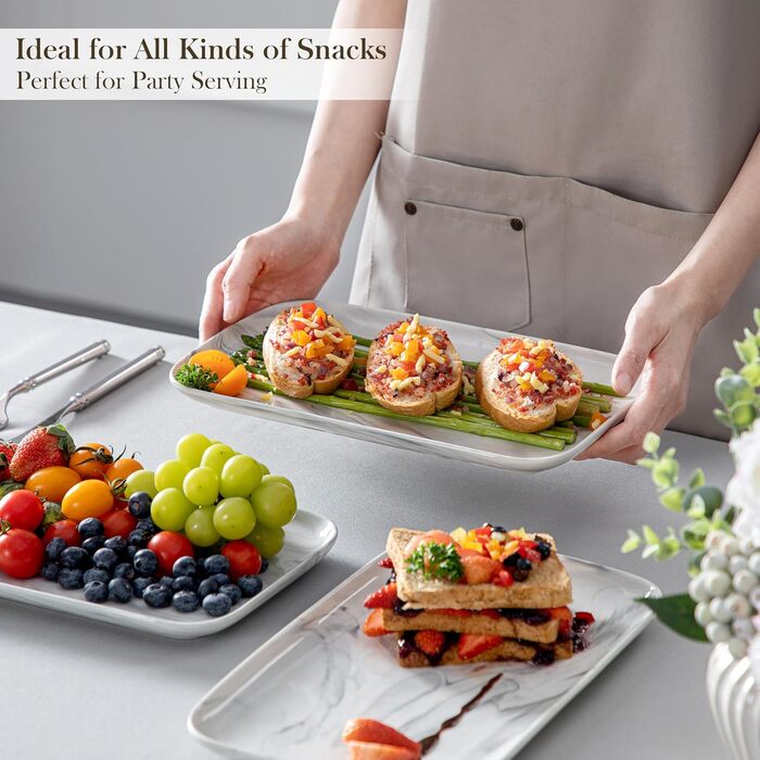 Сервірна таця MALACASA з порцеляни, набір 4 шт. прямокутна, 25 x 14 см, білий мармуровий колір. Ідеально для буфетів, суші, закусок та тортів вдома та в ресторані.