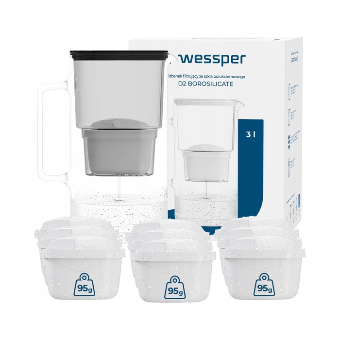 Скляний фільтр-кувшин Wessper D2 BOROSILICATE 3л, чорний + 10 фільтрів