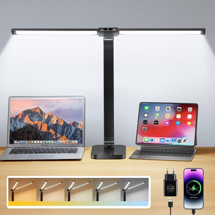 Настільна лампа One Fire з адаптером, 1000 люмен, 96 LED, диммування, для навчання дітей, з таймером та функцією пам'яті, денне світло, білий/чорний колір