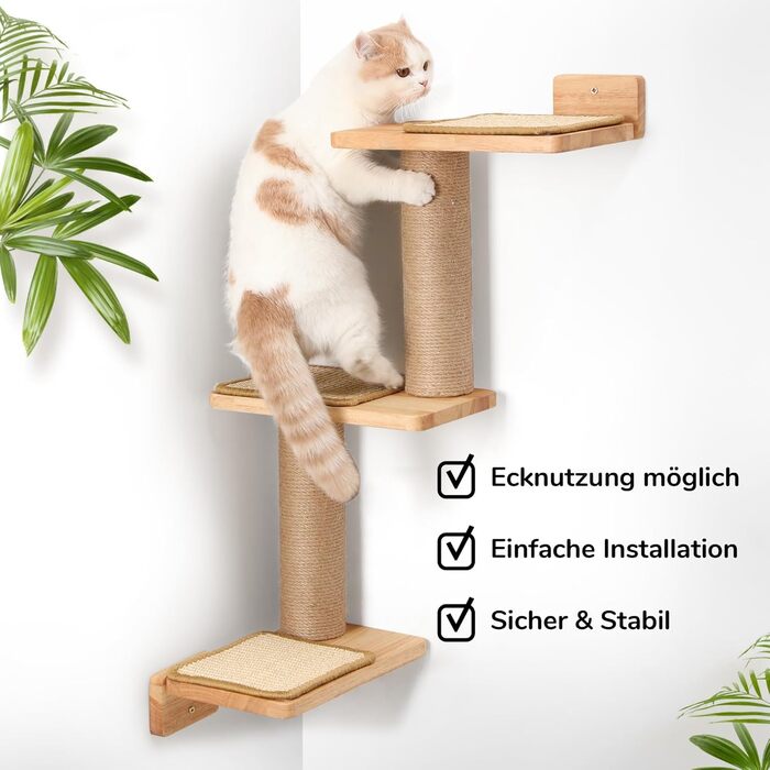 Cat Climbing Wall, Cat Shelves made of Solid Rubberwood and Jute, 3-in-1 Transformable Cat Scratching Post Wall Mounted, DIY Cat Wall/Platform, Suitable for Cats to Climb, Play, and Scratch