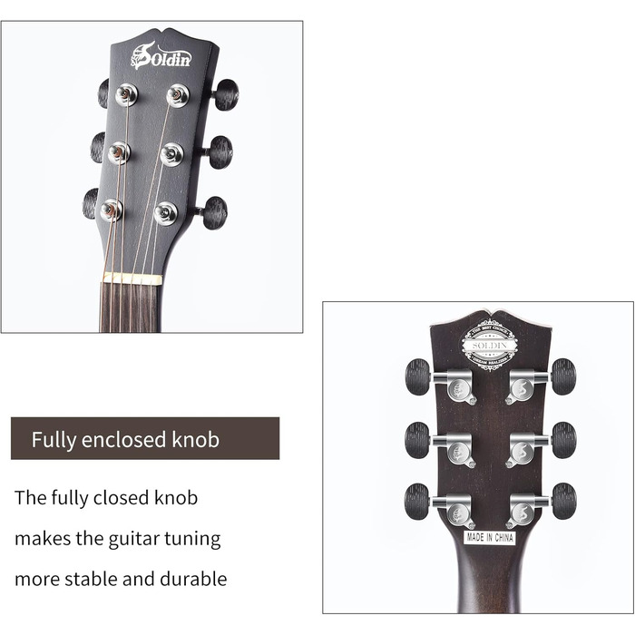 Акустична гітара Soldin 40 дюймів Premium з масивної соснової верхньої деки. Комплект: гітара, підставка, тюнер, ремінь, каподастр, струни, серветка для чищення, медіатори (Чорний)