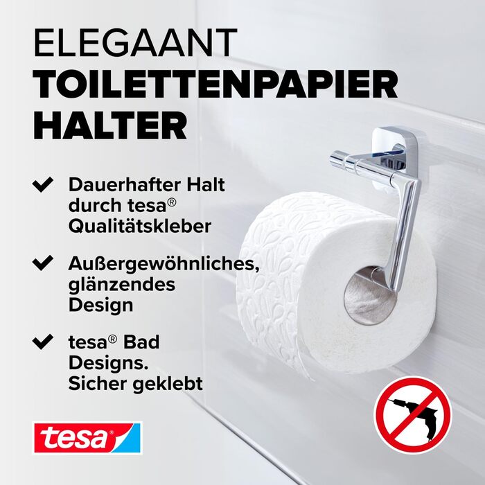 Тримач для туалетного паперу tesa ELEGAANT без кришки, хромований, для настінного монтажу на клей (без свердління), 132x99x45 мм