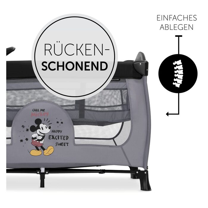 Hauck Travel Crib Sleep N Play Center with Newborn Nest, Changing Table, Carry Bag, Wheels, Crawl-Through Opening, Compact Folding, from Birth up to 15 kg (Disney Mickey Mouse Grey)