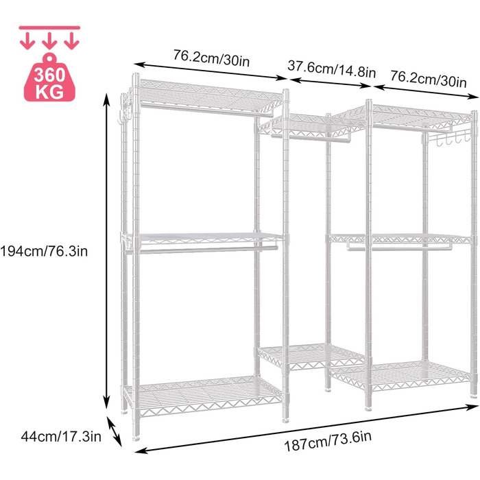Металевий стійка для одягу з гачками, до 376 кг, 187 x 44 x 194 см, білий