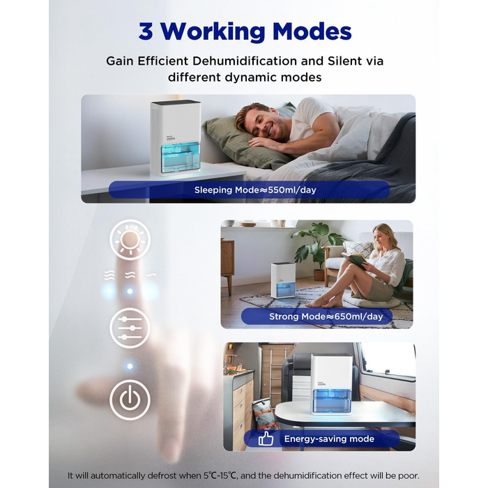 EasyAcc Електричний осушувач повітря 2000мл, продуктивність 500-650мл/день, 3 режими, автоматичне відтанення, LED-підсвітка 7 кольорів, автовимкнення, для приміщень до 20 м²