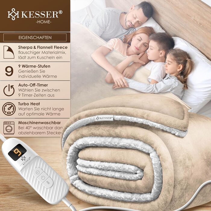 Електрична грілка KESSER® 200x180 см з автовимкненням | Двостороння, 9 температурних режимів, з таймером та цифровим дисплеєм | Підходить для ліжка та дивана | Можна прати до 40°C