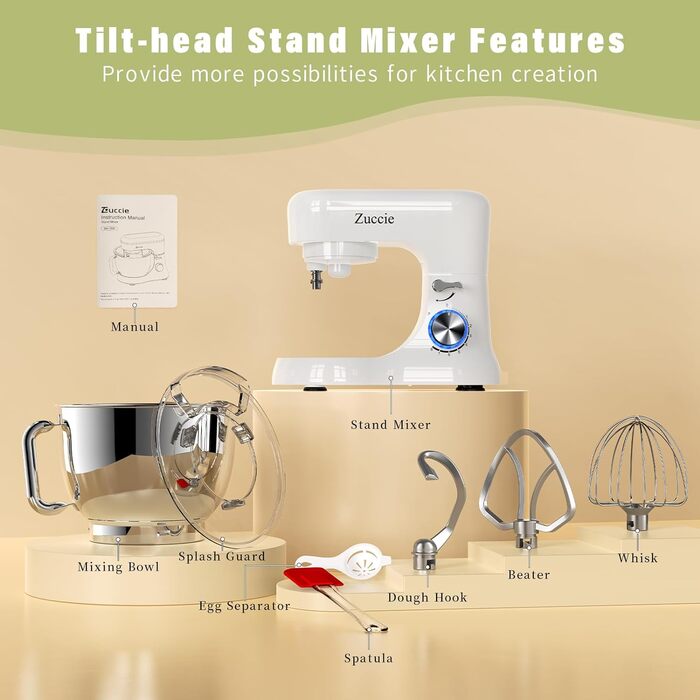 Stand Mixer, Zuccie Stand Mixer Quiet Mixing Machine including 5L Stainless Steel Bowl, 3 Mixing Tools, Splash Guard, Dough Scraper, and Egg Separator, 8+ Speed Dough Machine (White)