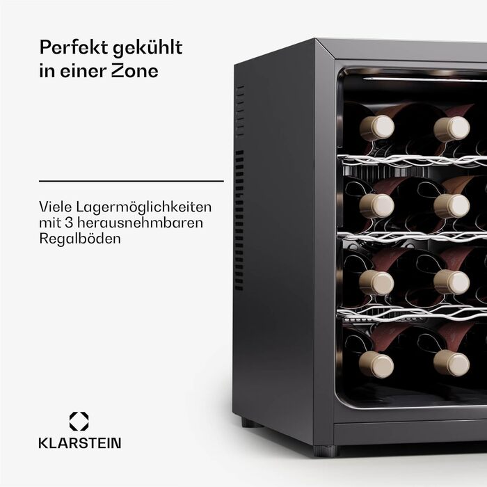 Klarstein Freistehendій виноховильник, 1 зона, 12 пляшок, 5-22°C. Виноховильник з прозорою дверцятами для вина та пива.