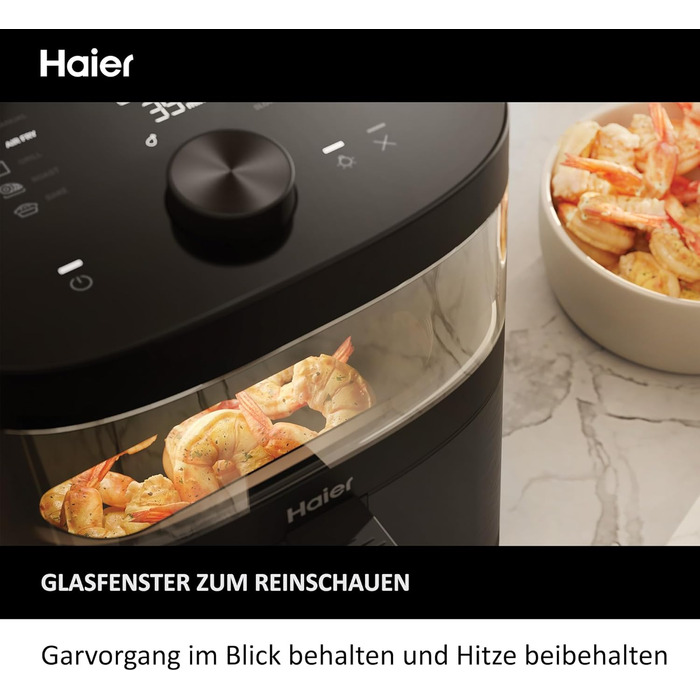 Аерофритюрниця Haier 7 л з вікном, 9 програм, 1700 Вт, LED-дисплей, без олії, для здорового приготування, серія 5 HAF5TWA3, посудомийна, з аксесуарами