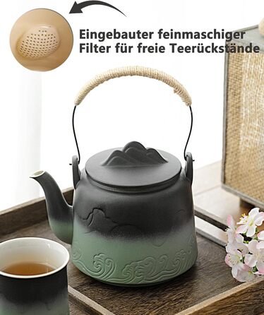 ZENS Design Japanese Teapot, 1000ml Gradient Embossed Japanese Teapot Ceramic with Built-in Strainer and Hemp Rope Handle for Loose Tea Steeper, Gift for Tea Lovers, Black & Bean Green