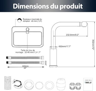 Змішувач для кухні BELZ з висувною лійкою, 3 режими, поворотний на 360°, нержавіюча сталь SUS304, матовий нікель