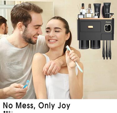 IHave Toothbrush Holder Wall Mounted, Bathroom Toothbrush Holder with Toothpaste Dispenser, 3 Cup Toothbrush Holder with Drawer, Large Capacity Toothbrush Organizer Bathroom (2 Cups, Black Gold)
