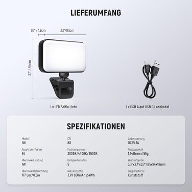 LED світло для селфі Neewer Entry Level - настільне світло для телефону, 54 світлодіоди, кліпса, CRI 88, 650mAh, для відеоконференцій, макіяжу, YouTube