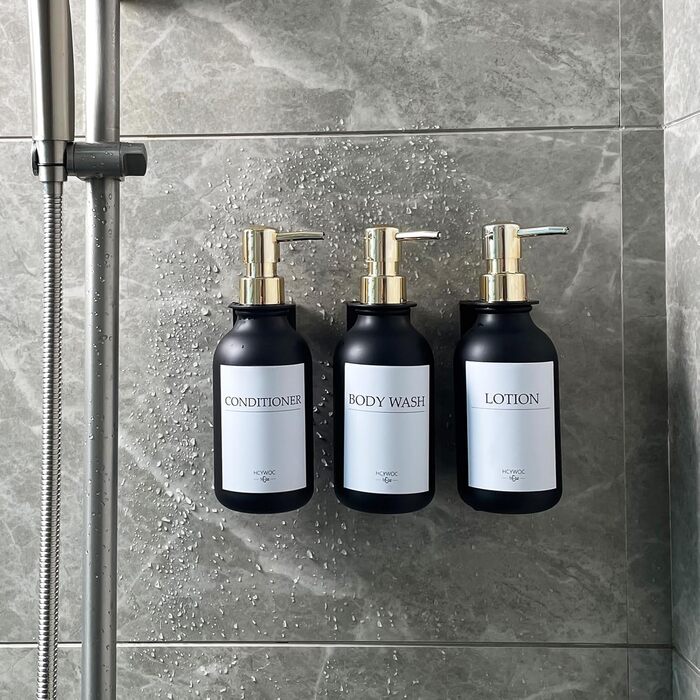 Набір дозаторів для мила та шампуню на стіну, 500 мл, 3 шт., без свердління, янтарний колір (чорна пляшка + золотий насос)