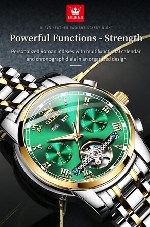 Чоловічий годинник OLEVS 6607 Кварцовий зі спортивним дизайном (диск колеса), водонепроникний, сталь, підсвітка, Зелений/Золотий