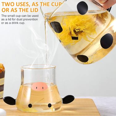 Cabilock Carafe Set with Glasses, Cute Glass Water Jug, Cute Cow Cold Juice Jug 550ml Glass Jug with Lid for Fruit Juice, Iced Tea, Milk, Cold Water Bottle, Glass Water Jug, Black, White